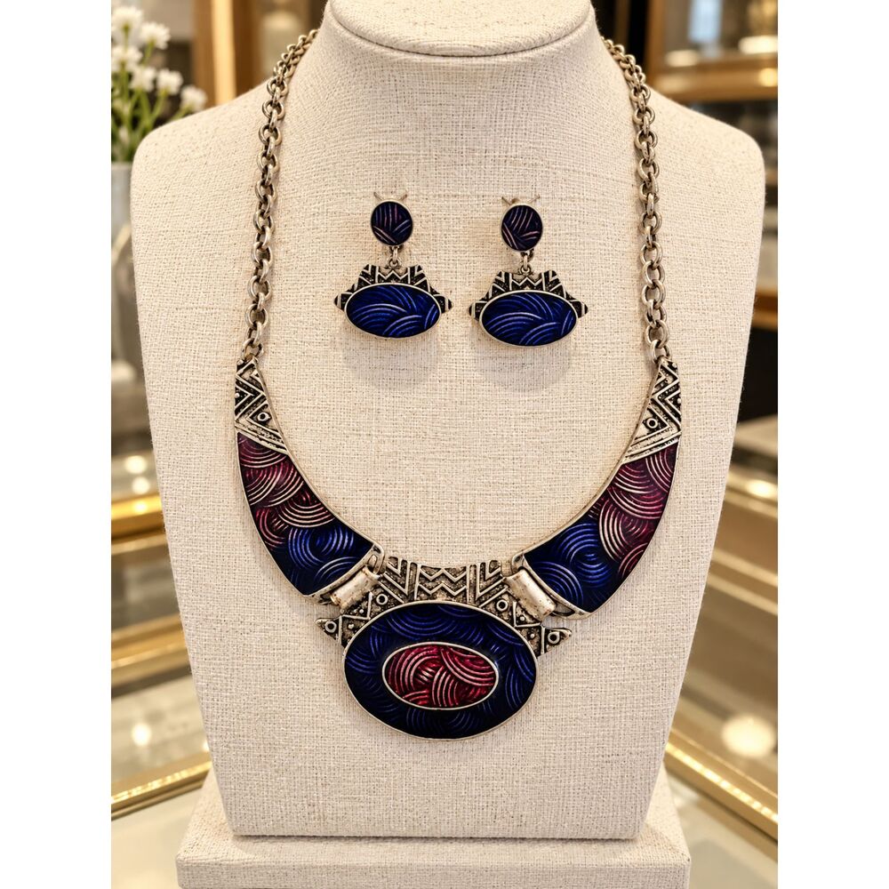 Windsor Royal Blue Resin Enamel Tribal Antiqued Silver Statement Necklace Set